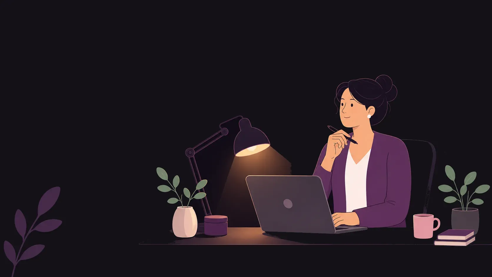 Abstrakte Illustration einer selbstständigen Person, die Kundenarbeit, Termine, Dokumente und Rechnung organisiert.