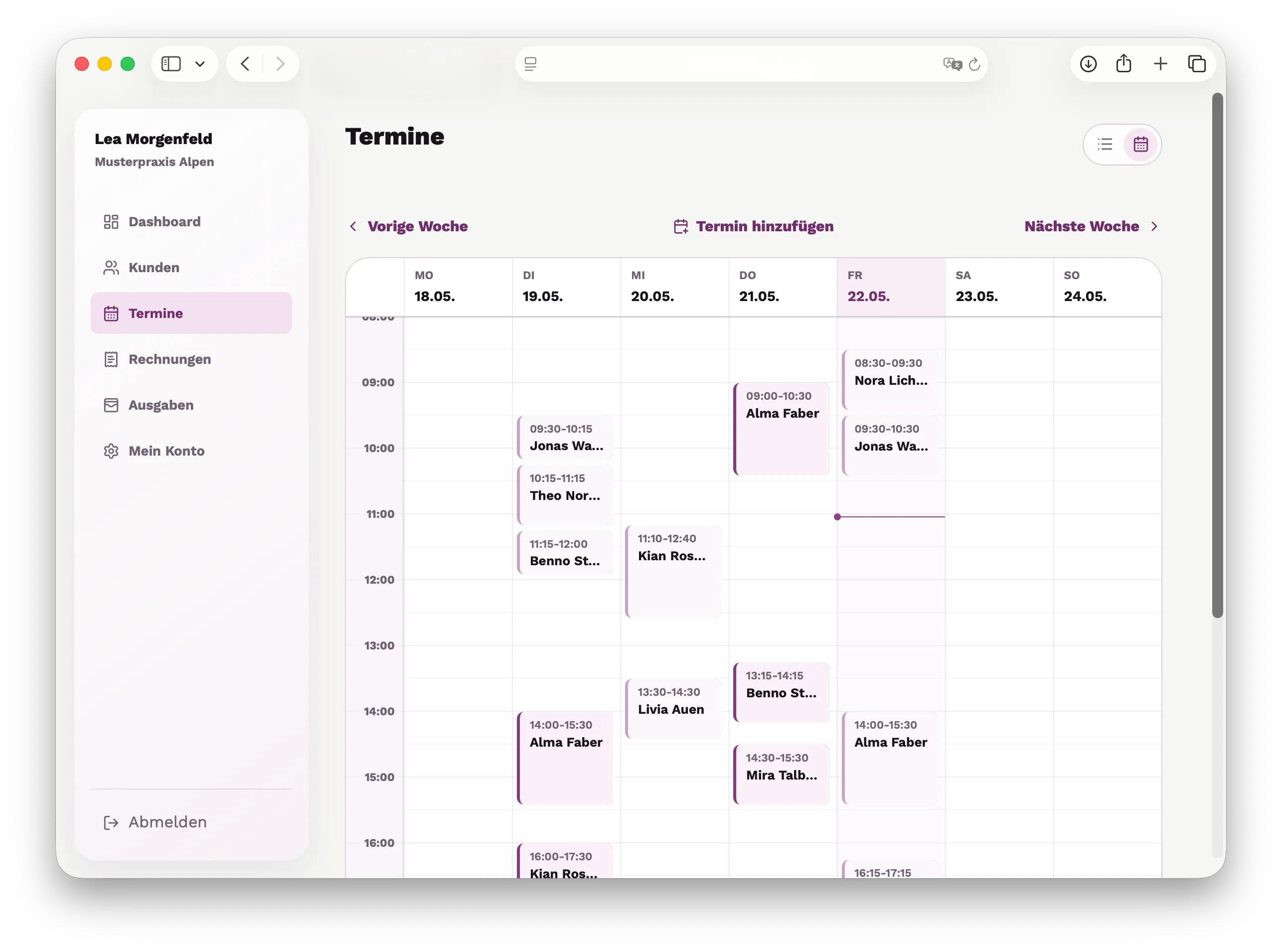 Flow Wochenkalender mit Terminen, Tagesraster und Button zum Hinzufuegen eines Termins.