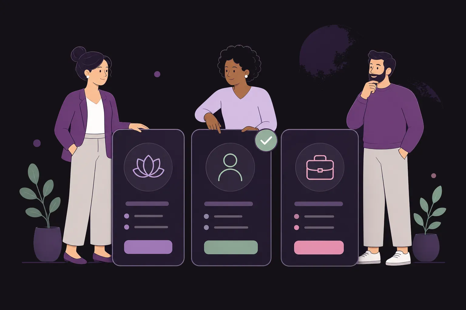 Abstrakte Illustration unterschiedlicher Personen und auswählbarer Berufsprofilmodule.