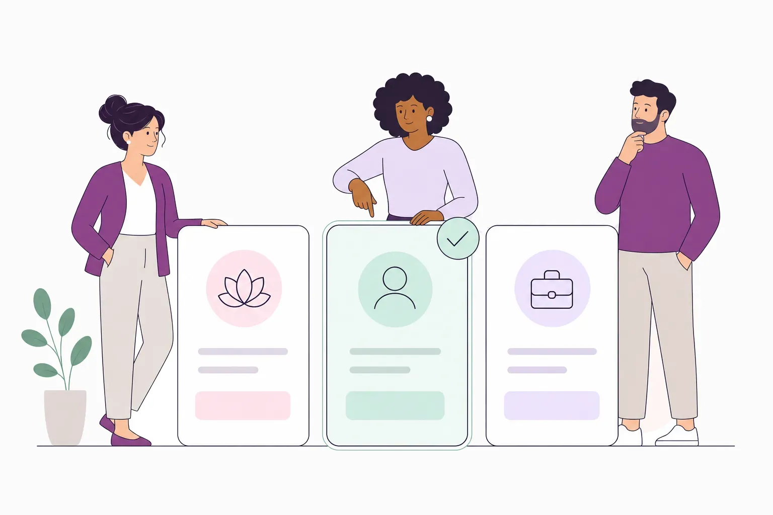 Abstrakte Illustration unterschiedlicher Personen und auswählbarer Berufsprofilmodule.