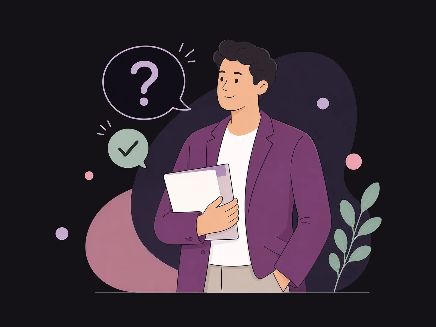 Abstrakte Illustration persönlicher Orientierung mit Frage und bestätigter Antwort.