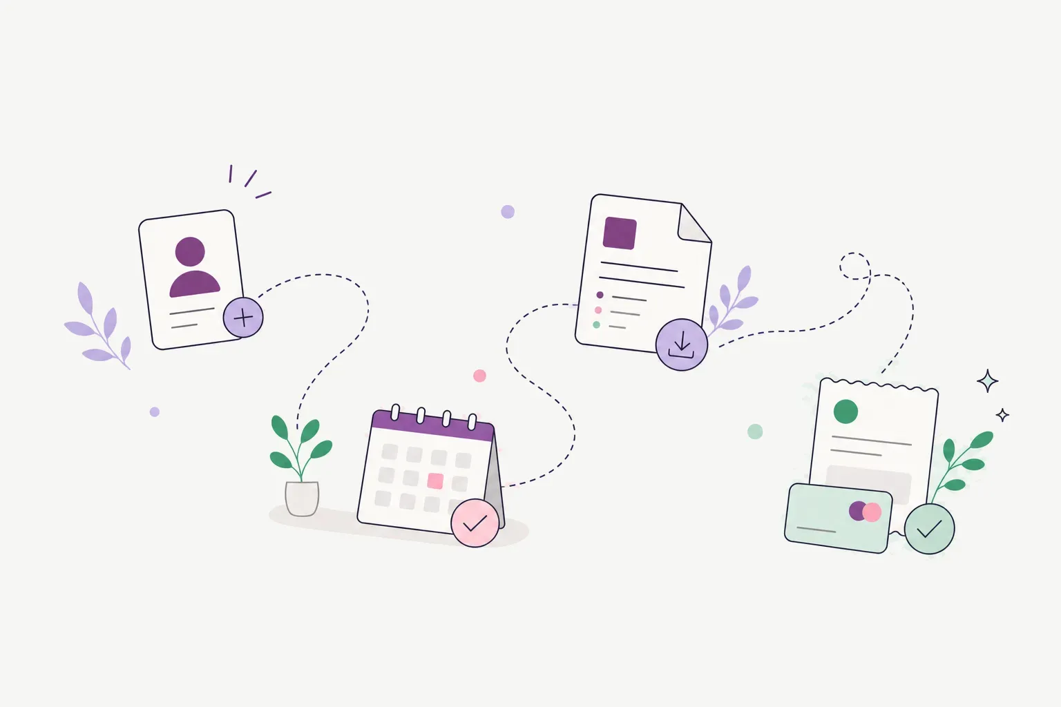 Abstrakte Illustration eines vierteiligen Workflows von Kontakt über Termin und Dokument bis Zahlung.